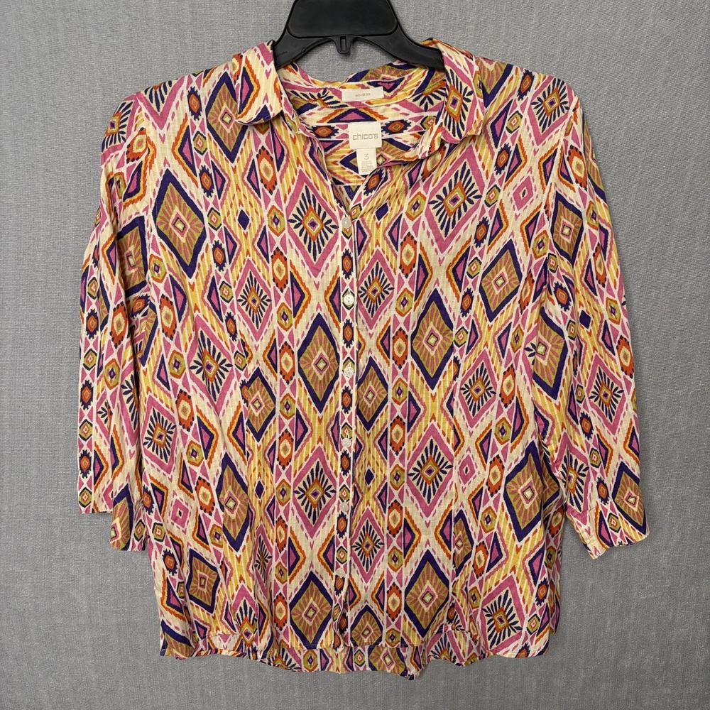 Chicos 100% Linen Button Down Shirt Size 3 XL Pink Orange Ikat Diamond Print